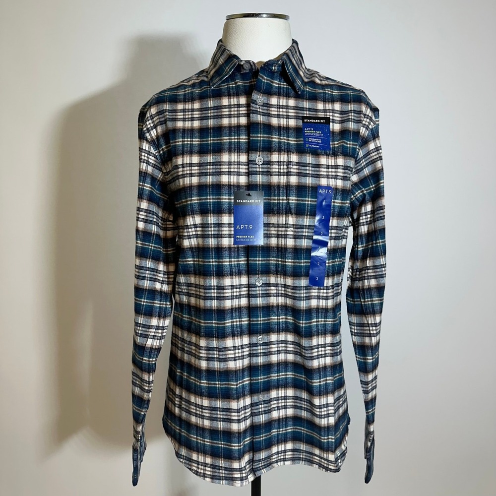 NWT Apt. 9 Blue Plaid Button Up Flannel Shirt Untucked Fit Mens Size Small S